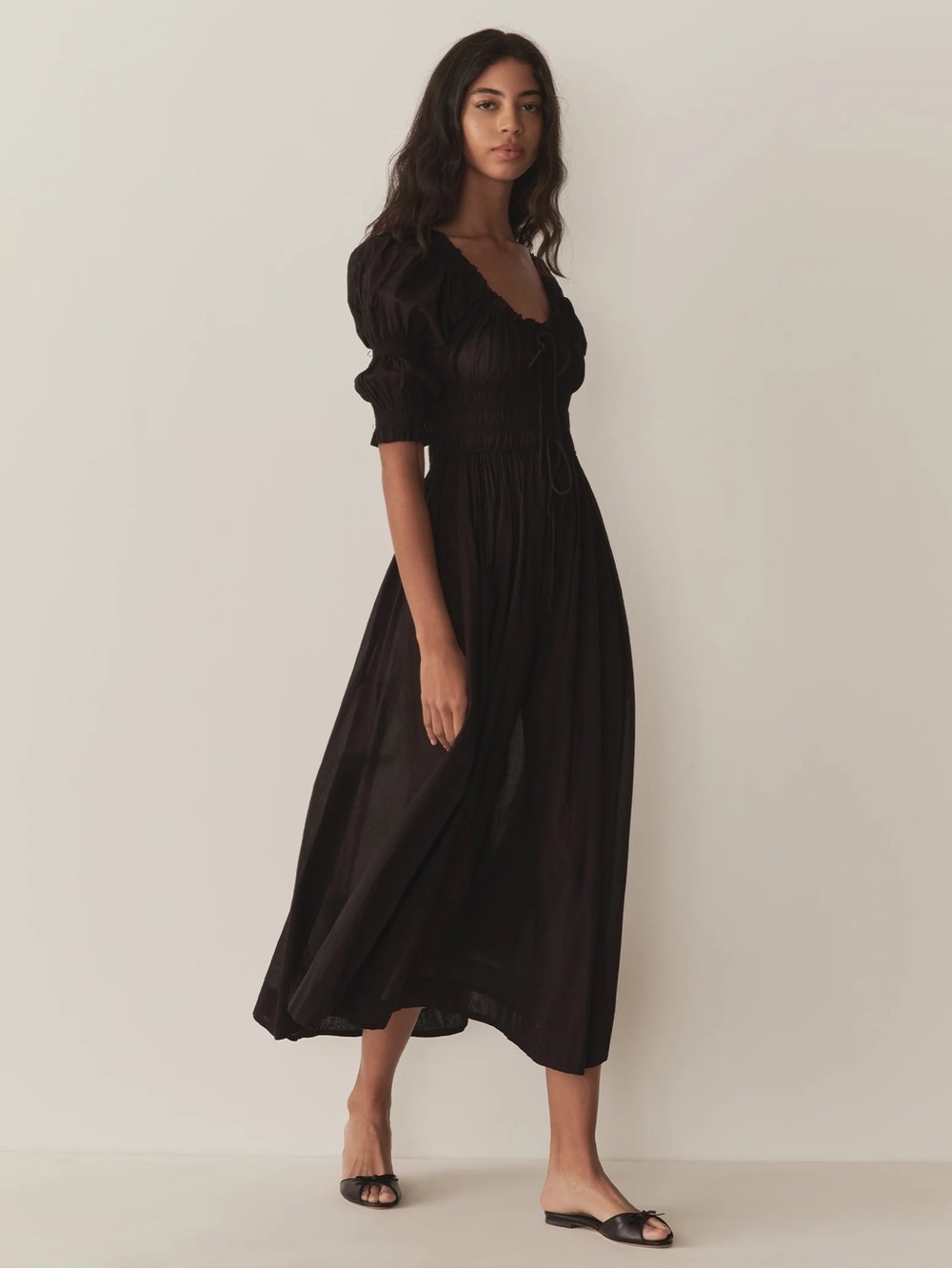 DÔEN Ischia Smocked Puff Sleeve Midi Dress Black Size XL - Picture 2 of 10